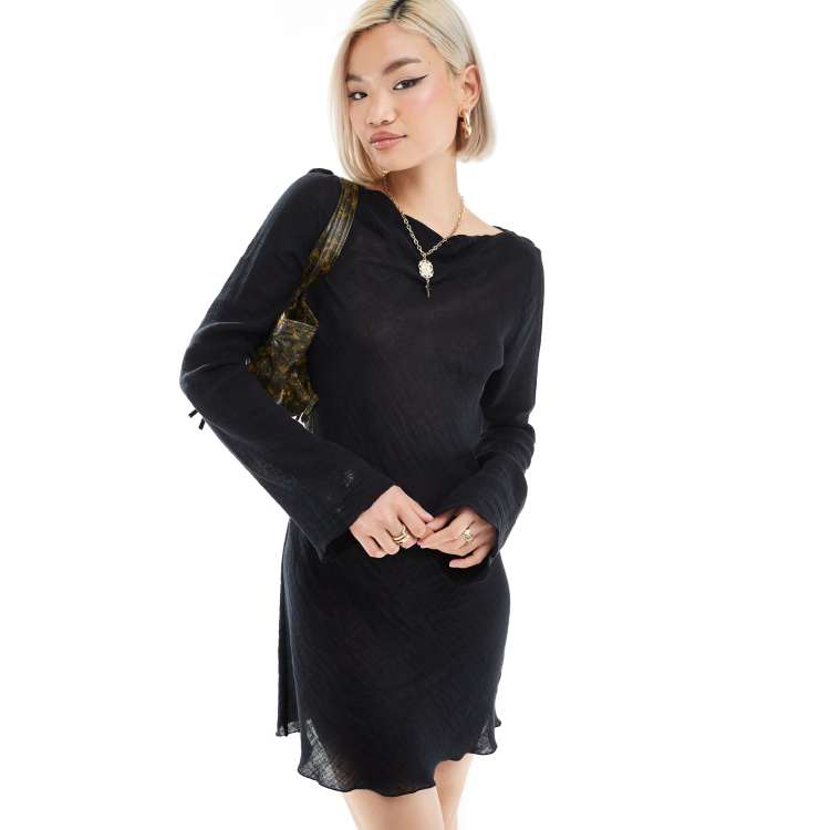 Weekday Ginko linen blend long sleeve mini dress in black | ASOS
