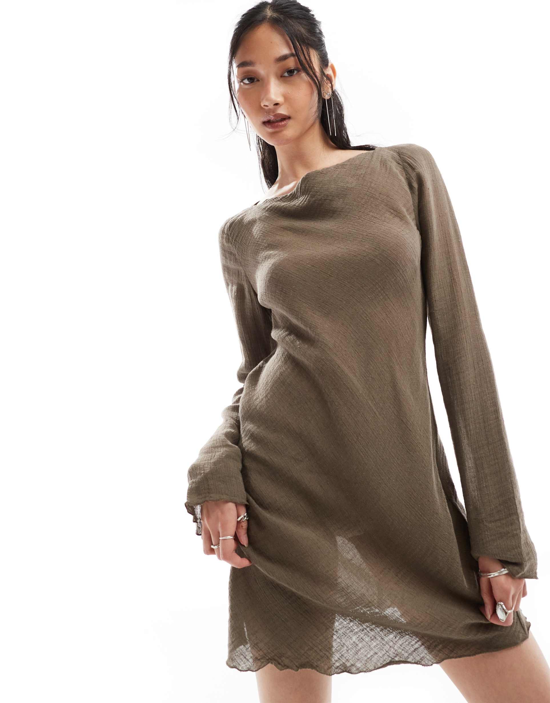 weekday ginko linen blend long sleeve mini dress in brown