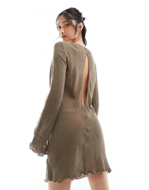 Weekday Ginko linen blend long sleeve mini dress in brown | ASOS
