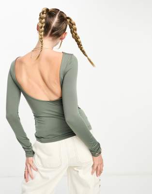 Weekday Gizem Open Back Long Sleeve Top In Khaki Gray