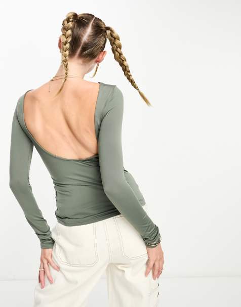 Weekday Gizem open back long sleeve top in khaki grey