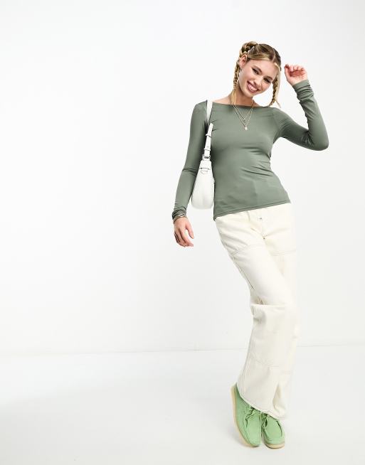 Weekday Gizem open back long sleeve top in khaki gray | ASOS