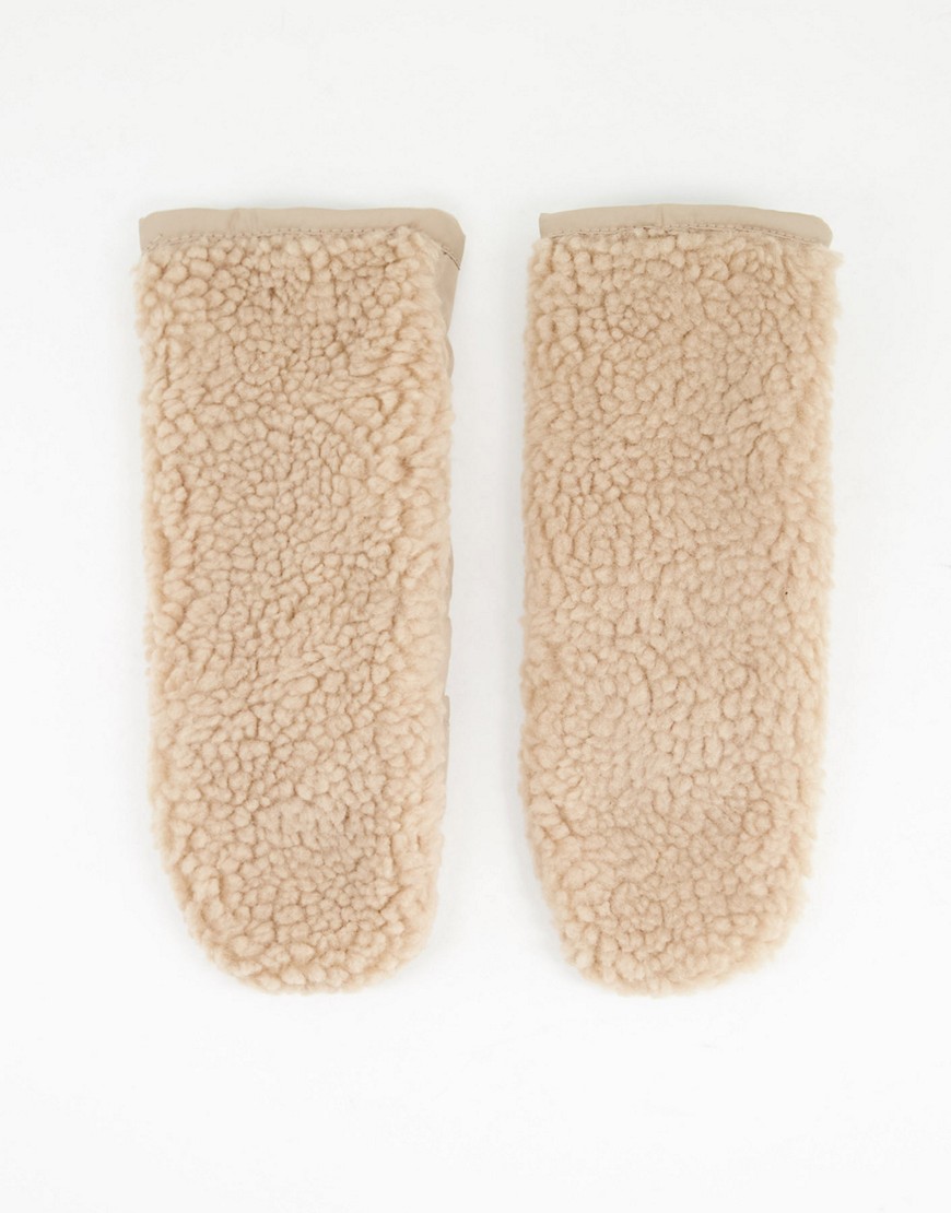 Weekday Go recycled teddy mittens in camel-Neutral