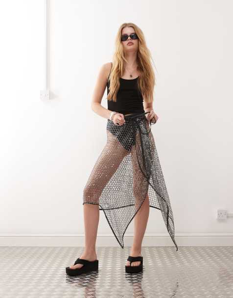 Weekday - Gonna midi a portafoglio in rete color grigio scuro con paillettes - view 1