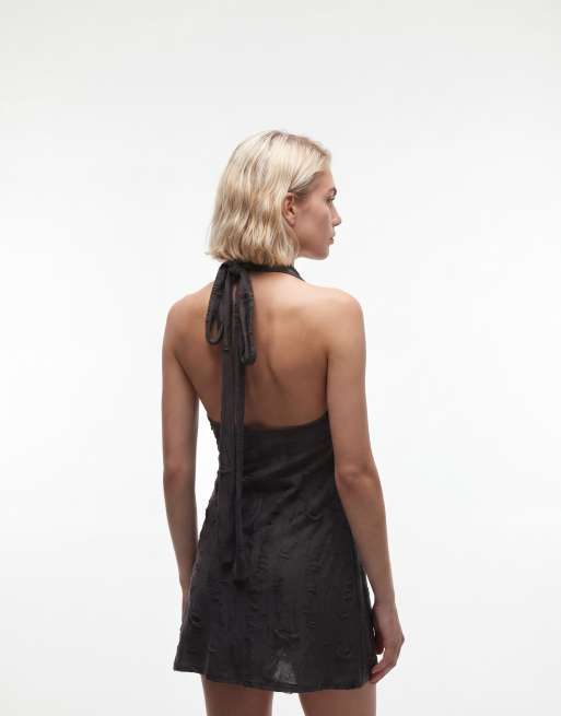 Weekday – Grå, mönstrad, draperad miniklänning med halterneck, 4 av 4