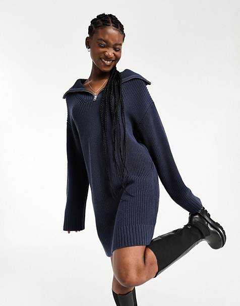 Weekday Grace half zip mini jumper dress in dark blue exclusive to ASOS