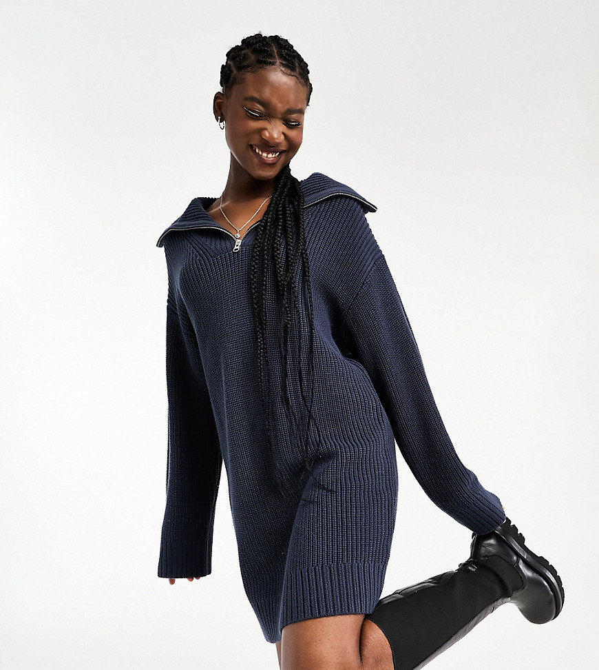Weekday Grace half zip mini jumper dress in dark blue exclusive to ASOS-Navy