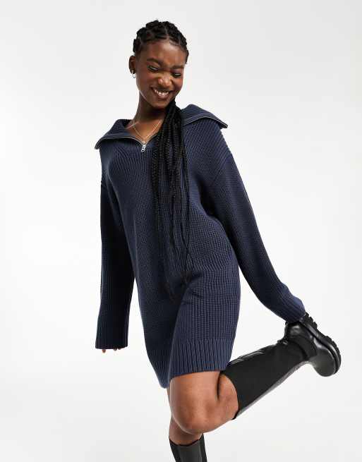 Weekday Grace half zip mini sweater dress in dark blue exclusive to ASOS