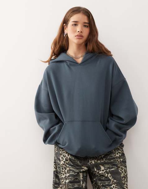 Weekday – Granatowozielona bluza z kapturem oversize z grubego dżerseju - view 1
