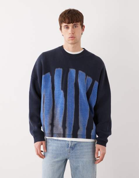 Weekday – Granatowy dzianinowy sweter oversize z grafiką - view 1