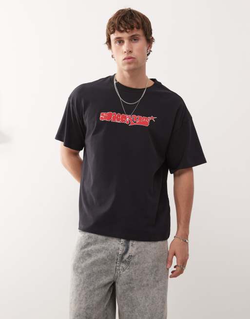 Weekday – Granatowy T-shirt o pudełkowym kroju z grafiką, 2 z 4