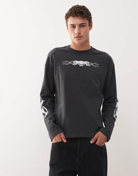 Weekday Great boxy long sleeve T-shirt with skull graphic prints in dark gray - view 1
