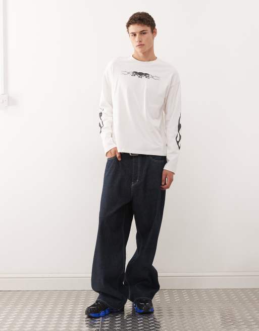 Weekday Great boxy long sleeve t-shirt with skull graphic prints in off-white