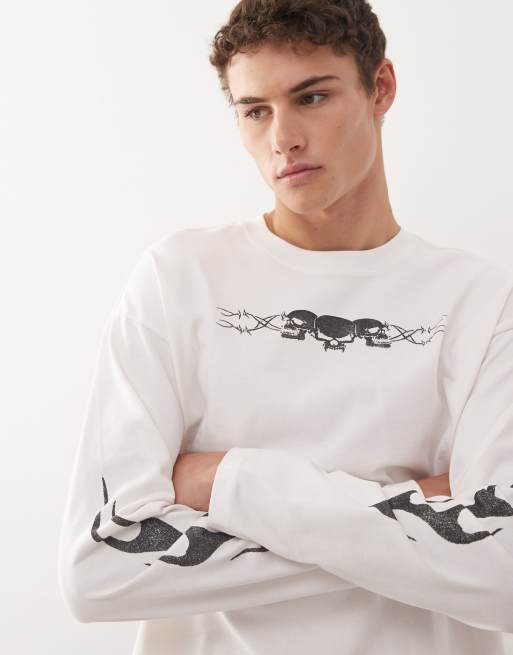 Weekday Great boxy long sleeve t-shirt with skull graphic prints in off-white