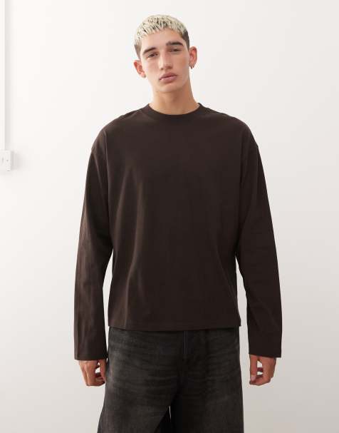 Weekday – Great – Brązowy T-shirt o pudełkowym kroju z długimi rękawami - view 1