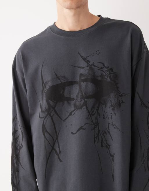 Weekday - Great - Støvet sort T-shirt med 'Big Mess'-grafik i firkantet pasform, 5 af 5