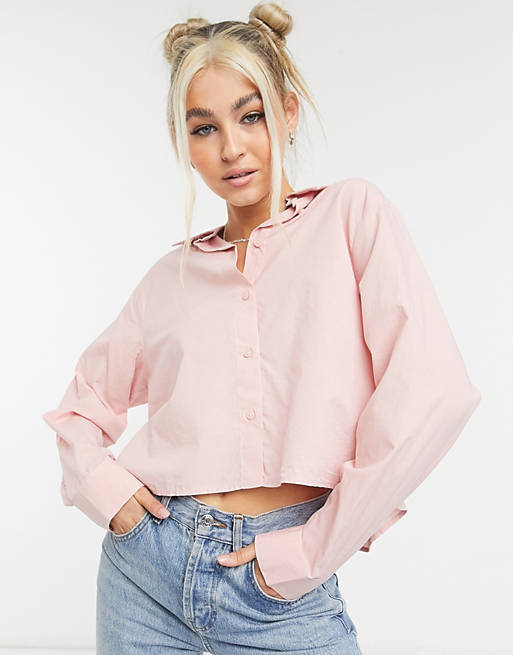 Weekday Gwen organic cotton cropped shirt in dusty pink | ASOS