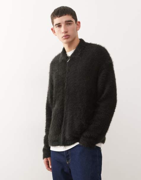 Weekday hairy knit zip cardigan with collar in black