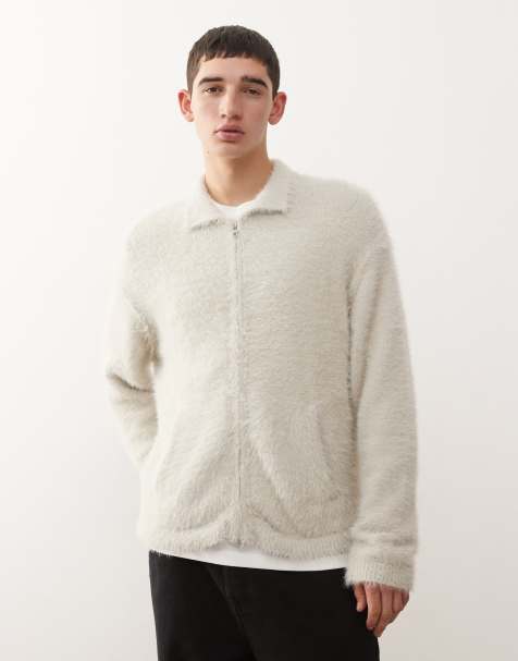 Weekday hairy knit zip cardigan with collar in white - view 1