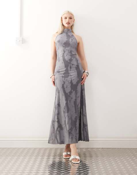 Weekday halter neck jacquard maxi dress in dark grey - view 1