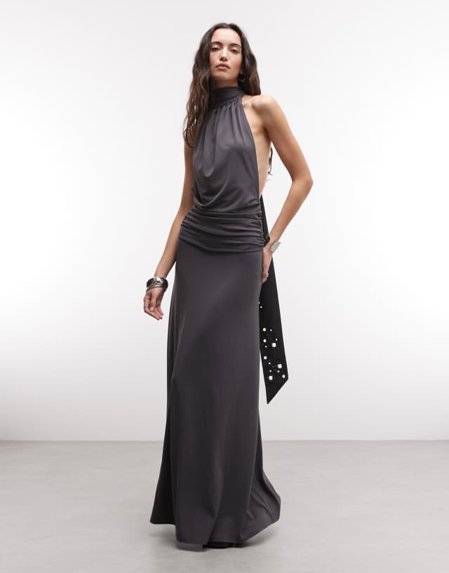 gray halter neck dress Weekday - Maxi - Women - Polyester/Elastane Clearance:Yes|TOPS