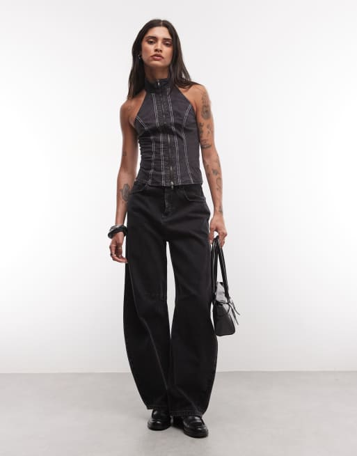 Weekday halter neck top with contrast stitching and double zip detail in washed black, 3 of 4
