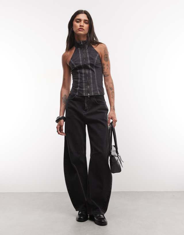Weekday halter neck top with contrast stitching and double zip