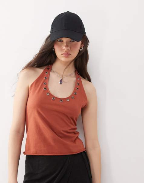 Weekday halter neck top with eyelet detail in rust - view 1