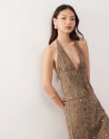[Weekday] Weekday halter neck top with mirror sequin embellishment in khaki (part of a set)-Green L Khaki