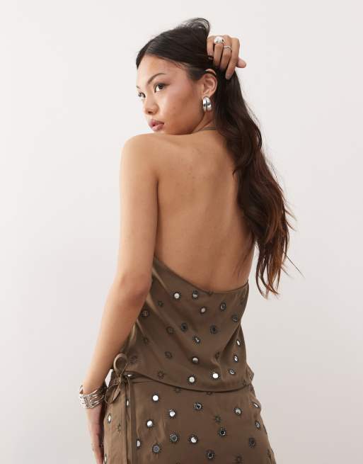 Weekday halter neck top with mirror sequin embellishment in khaki - part of a set