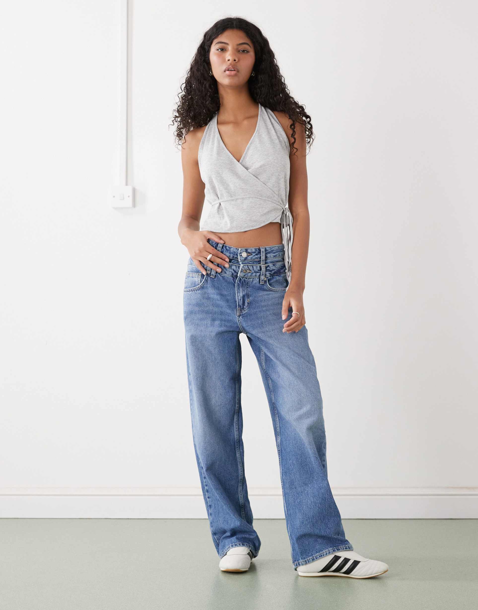 weekday halter neck wrap top in heather gray