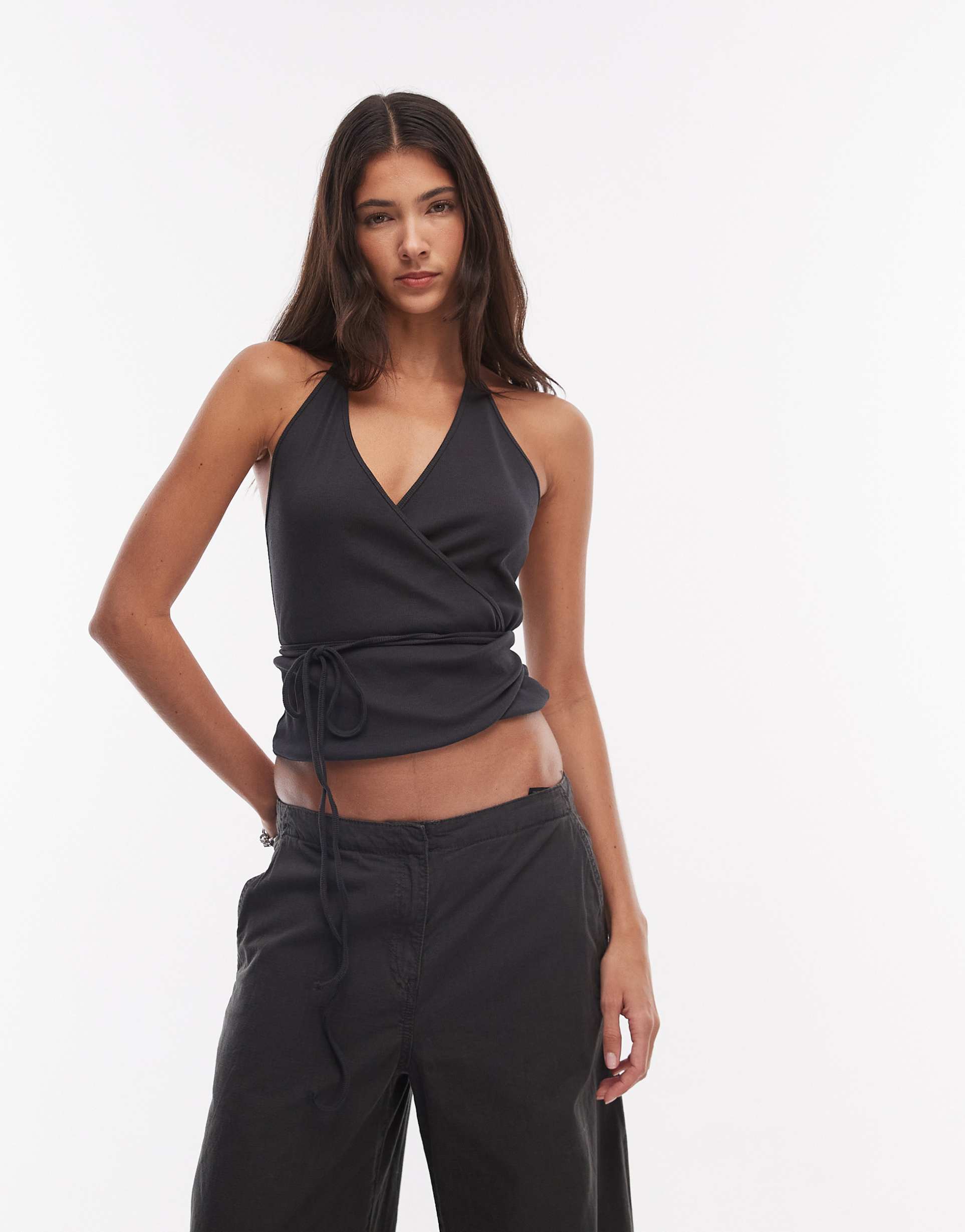 weekday halter neck wrap top in off black