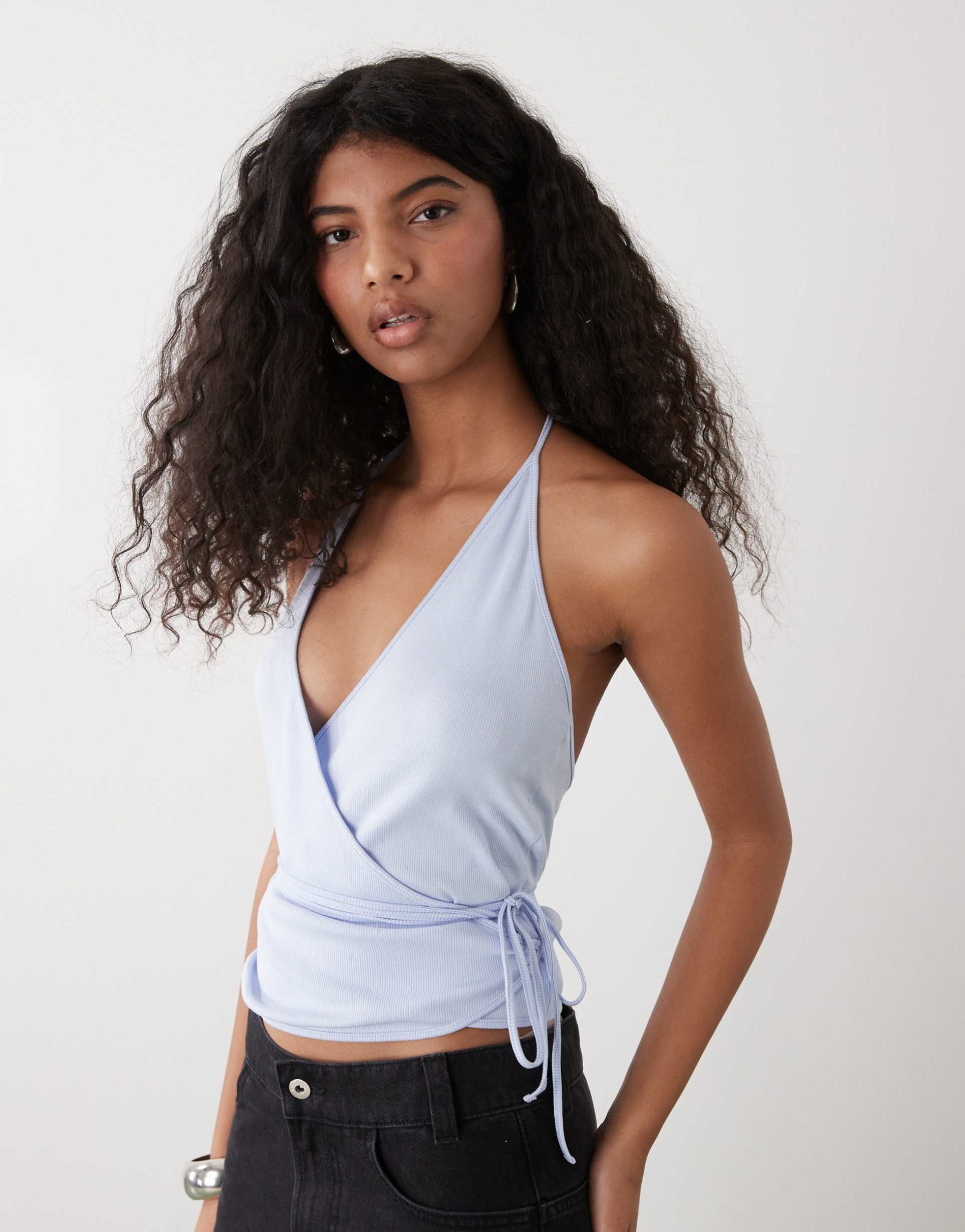 weekday halter wrap top in baby blue