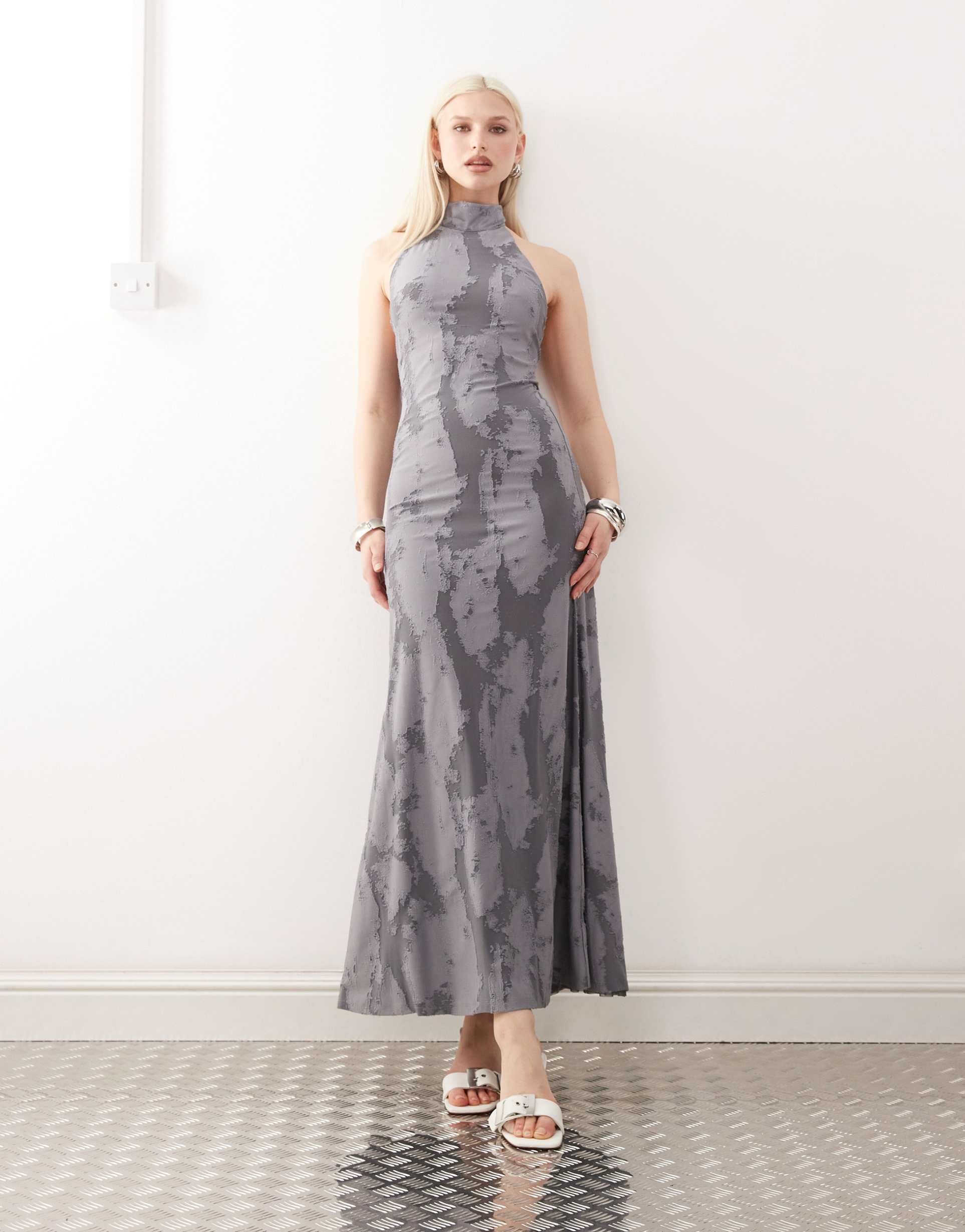 weekday halterneck jacquard maxi dress in dark gray