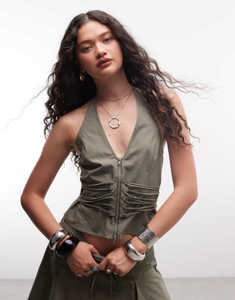 Weekday halterneck lace up top in khaki (part of a set) - view 1