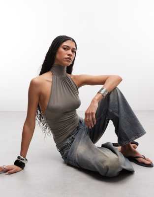 Weekday Halterneck Top With Open Back In Gray
