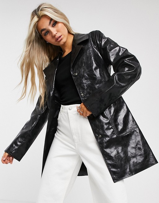Weekday Hannah distressed faux leather jacket in black