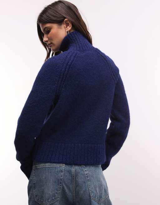 Weekday - Harig, gebreid vest van wolmix met rits in marineblauw melange, 2 van 4