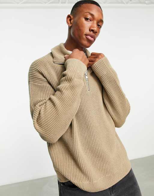 Men's Beige Patterned Knit Sweater - Quarter-Zip