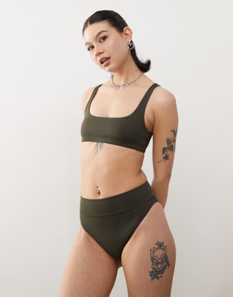 Weekday Heat mix & match high waist bikini bottom in dark green exclusive to ASOS - view 1