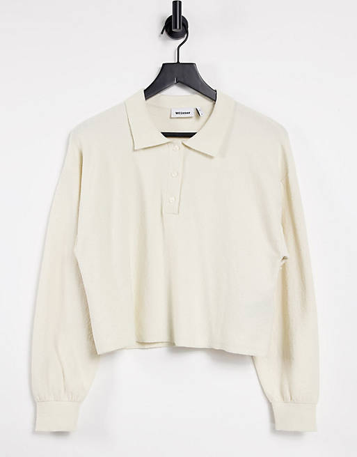  Weekday Helga organic blend cotton co-ord knitted polo sweater in beige 