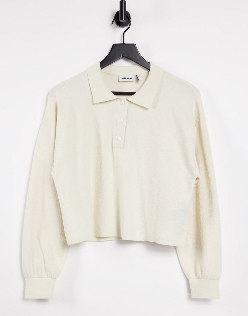 Weekday Helga organic blend cotton set knitted polo sweater in beige-Neutral
