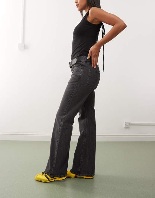 Weekday Helix low waist wide flare jeans in worn black wash, 3 of 5