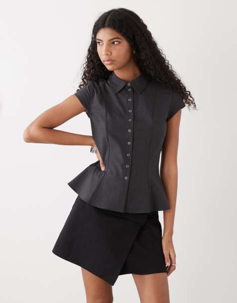 Weekday – Hemdbluse in meliertem Grau mit Nadelstreifen und Knopfleiste - view 1