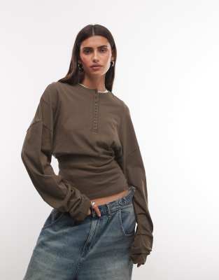 Weekday Henley Long Sleeve Top With Cinched Waist In Brown