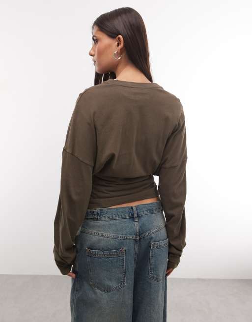 Weekday henley long sleeve top with cinched waist in dark brown, 4 of 4