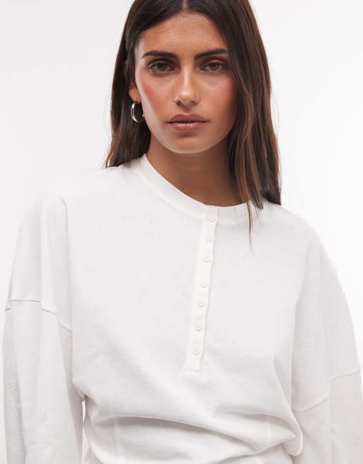 Weekday henley long sleeve top with cinched waist in off-white, 3 of 4