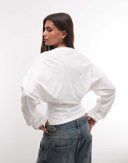 Weekday henley long sleeve top with cinched waist in off-white, 4 of 4