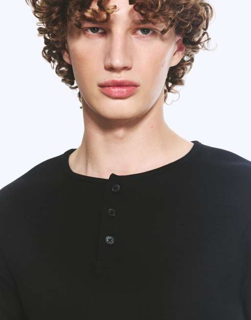 Weekday henley T-shirt met lange mouwen en ribstructuur in zwart, 3 van 4