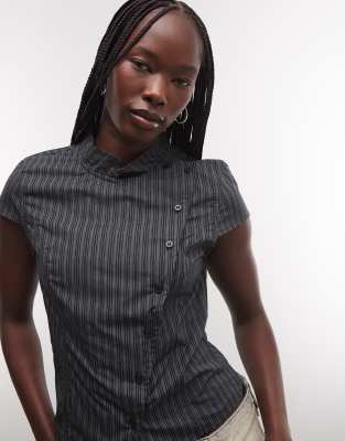 Weekday High Neck Asymmetric Button Up Top In Gray